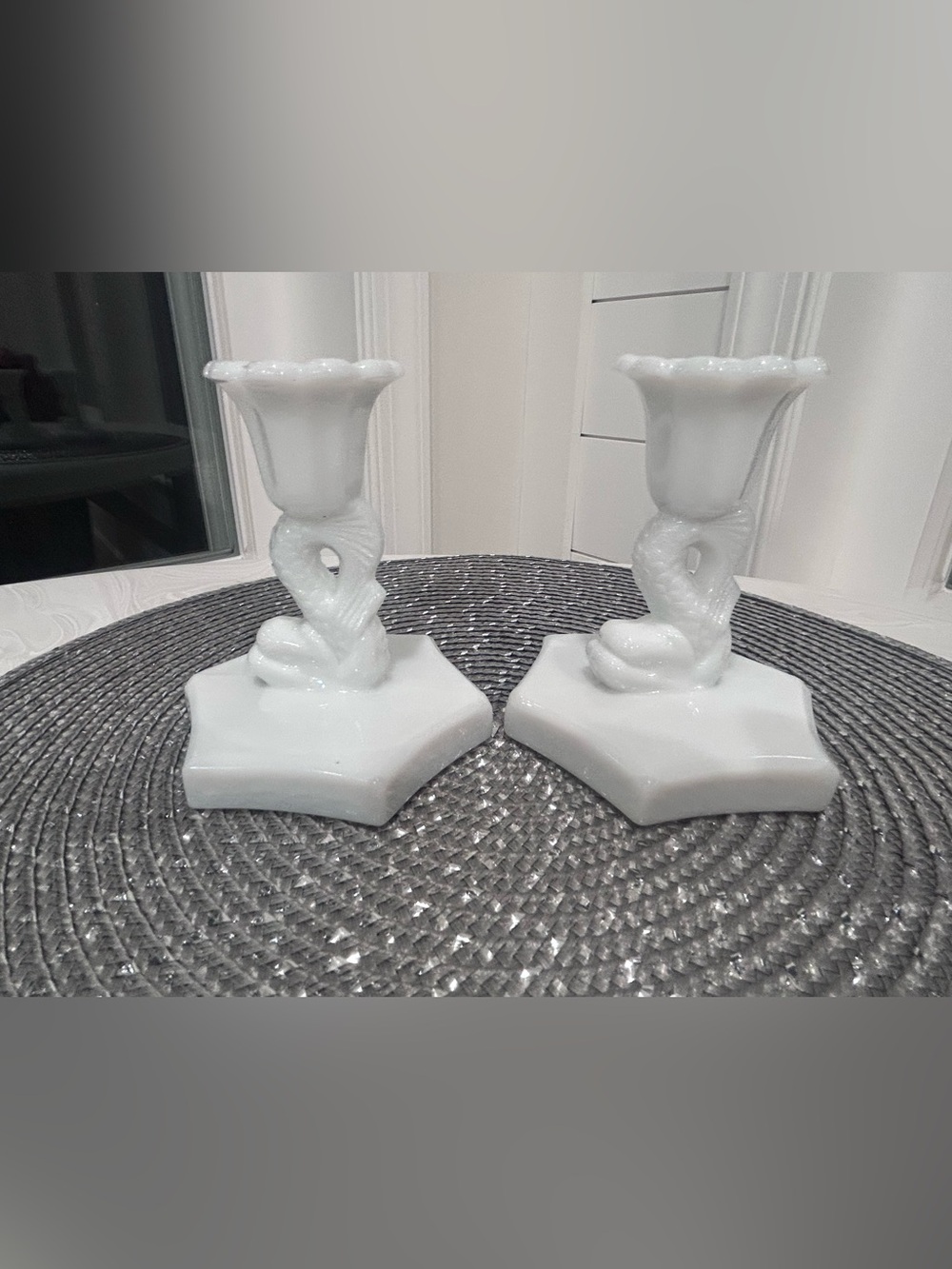 Vintage Westmoreland Milk Glass Fish Dolphin 4" Candlestick Holders Set